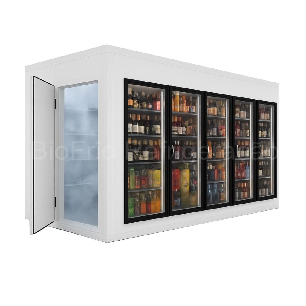 walkin cooler com 5 portas de vidro com porta de entrada para estoque