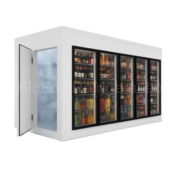 walkin cooler com 5 portas de vidro com porta de entrada para estoque