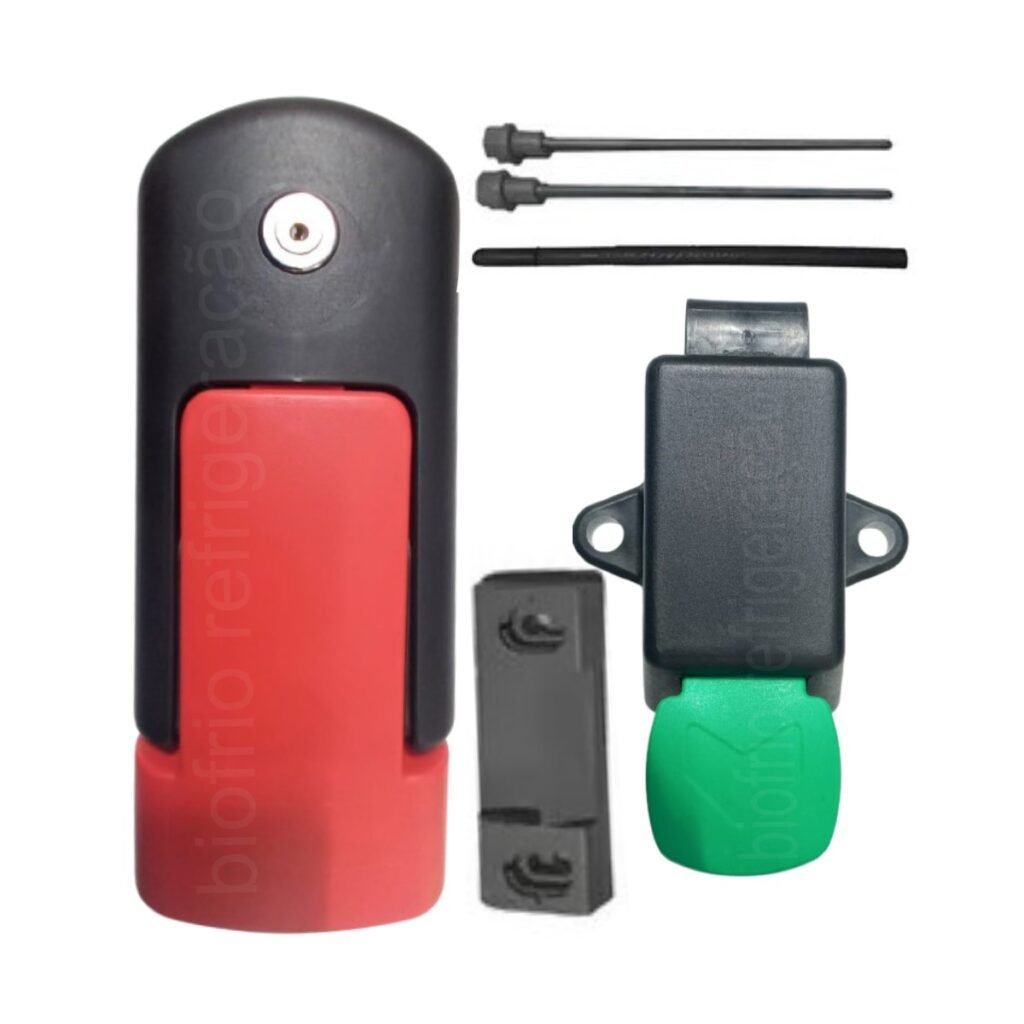 Fechadura Vertical na cor preto e vermelho para Porta de Câmara Fria com Chave
